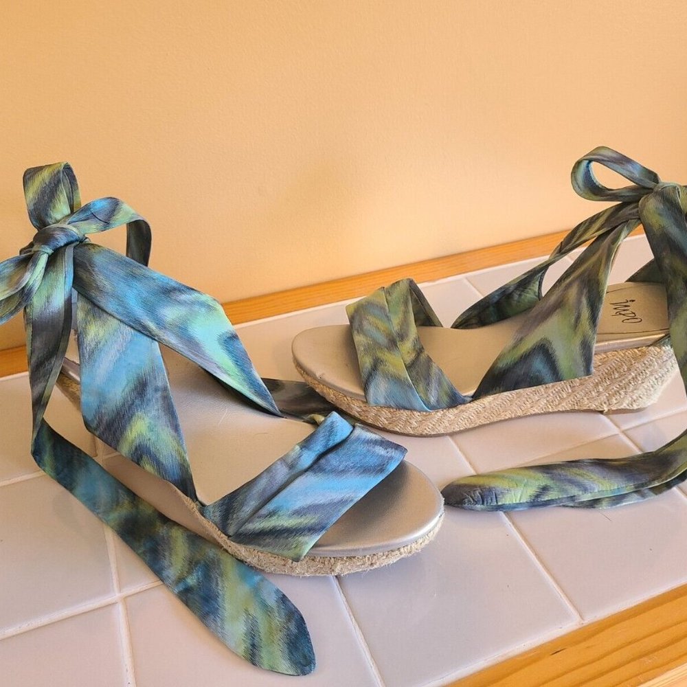 Impo GLEAM Espadrille Sandals, Blue/Green Cloth Ankle Ties 2.5" Heels, 7.5 Med